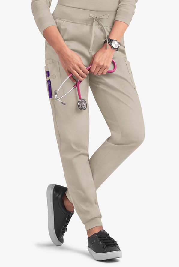 Butter-Soft STRETCH Women's 5-Pocket Cargo Jogger Scrub Pants - Petite - Warm Sand - 1