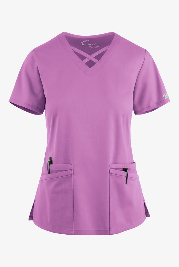 Blusa m&eacute;dica UA Butter-Soft STRETCH con lazos entrecruzados y 4 bolsillos para mujer - Orchid - 1