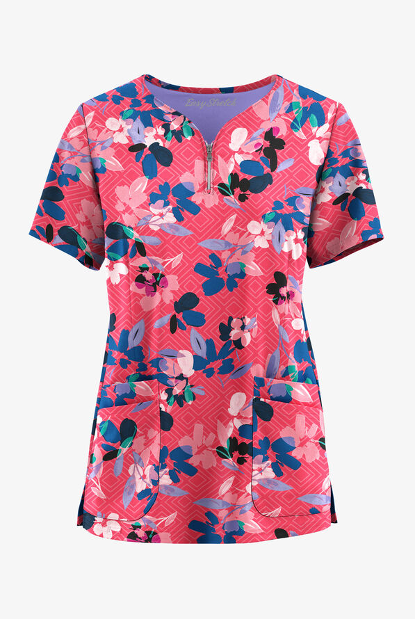 Easy STRETCH Floral Watermelon Women's 4-Pocket Zip Curved Neck Print Scrub Top - null - 1