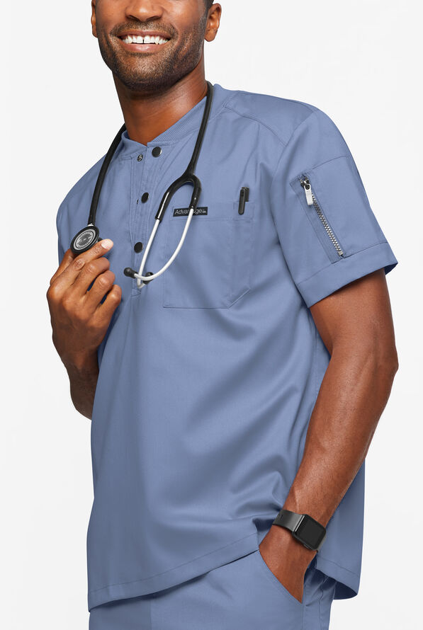 Advantage STRETCH Men's 2-Pocket Short Sleeve Henley Scrub Top - Ceil Blue - 2