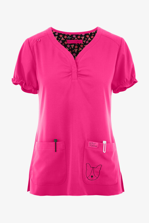 koi Betsey Johnson Blossom Y-Neck Scrub Top - Flamingo - 1