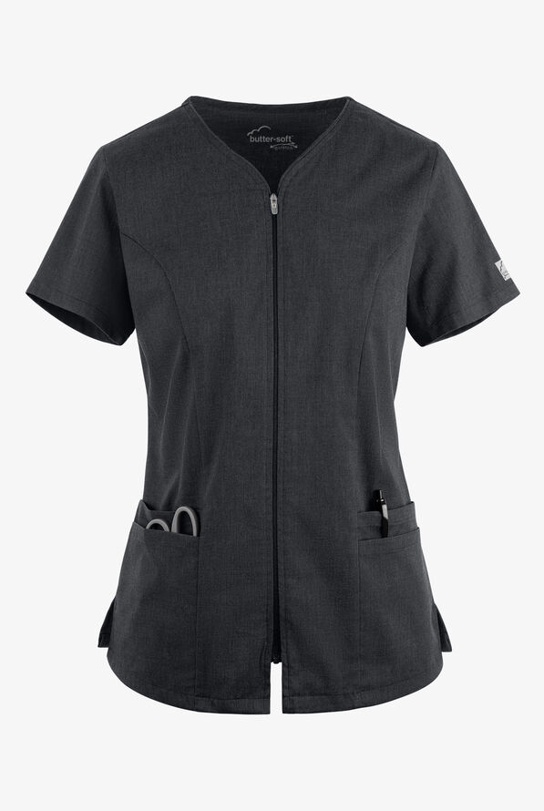 Butter-Soft STRETCH Women's 4-Pocket Smooth Face Zipper Scrub Top - Heather Charcoal - 1