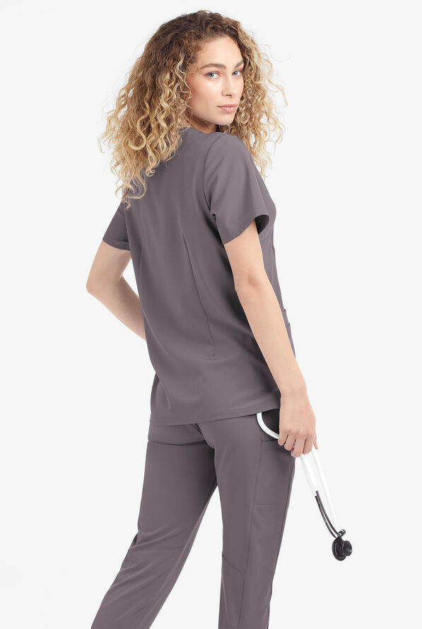 Blusa m&eacute;dica Easy STRETCH Arianna con cuello curvo y 4 bolsillos para mujer - Grey Stone - 3