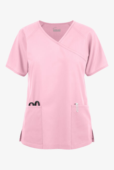 Blusa médica Butter-Soft Originals estilo cruzado con mangas raglán y 3 bolsillos para mujer