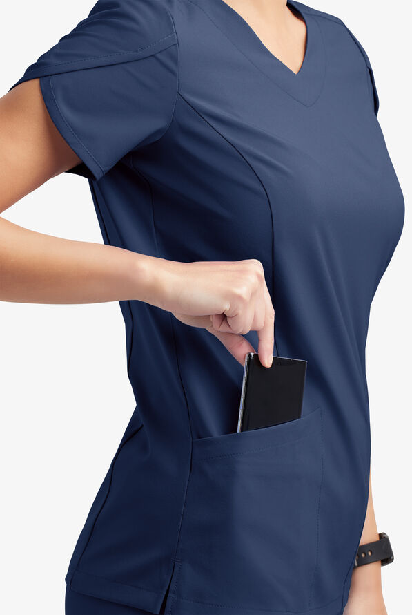 Easy STRETCH Daisy Women's 4-Pocket V-Neck Scrub Top with Petal Sleeves - Navy - 5