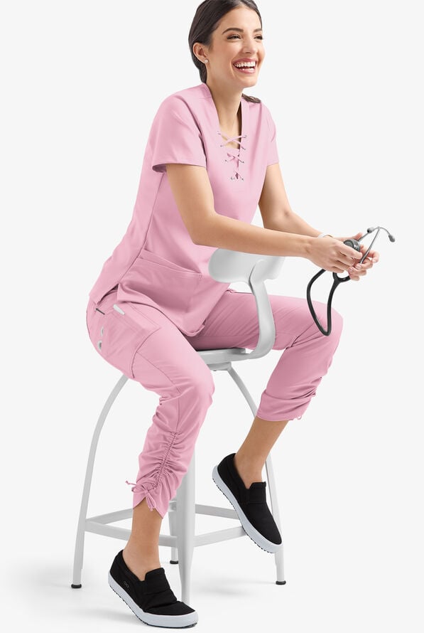 Easy STRETCH Halle Women's 11-Pocket Ruched Leg Jogger Scrub Pants - Pink Peony - 4