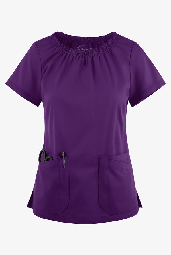 Blusa médica UA Butter-Soft STRETCH estilo campesina con mangas cortas y 6 bolsillos para mujer - Eggplant - 1