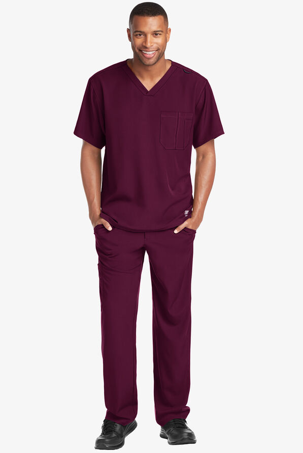 Skechers by Barco Structure Men's 1-Pocket STRETCH V-Neck Scrub Top - Wine - 2