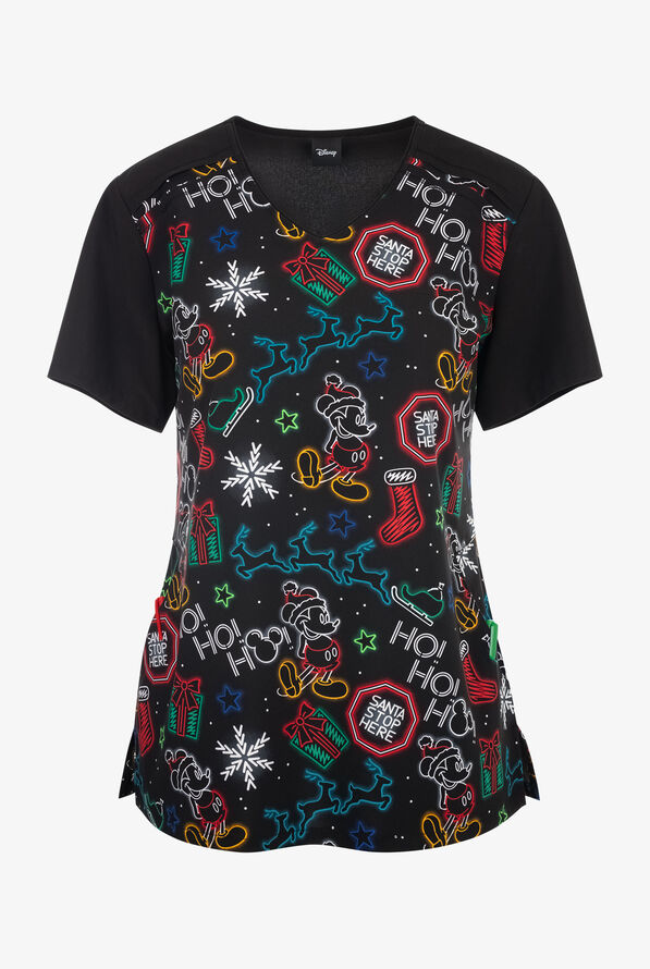 Tooniforms Disney's Mickey Christmas Glow Women's 2-Pocket STRETCH V-Neck Print Scrub Top - null - 1
