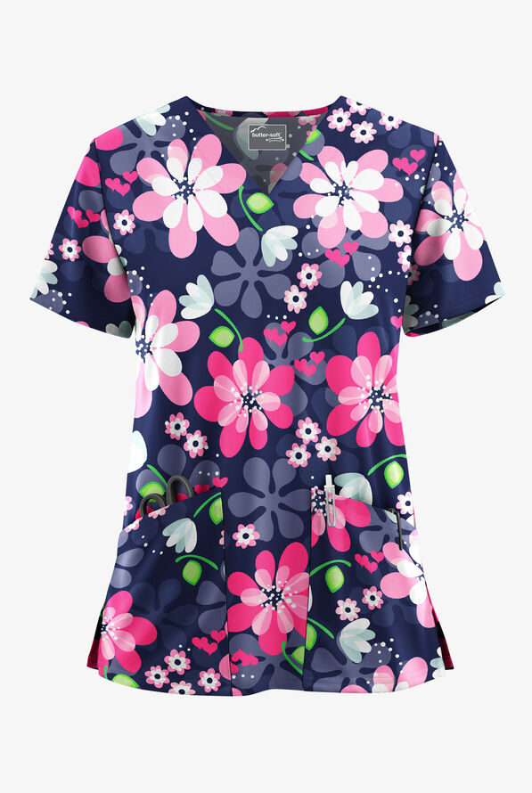 Blusa médica estampada Butter-Soft STRETCH Fantasy Flora Navy con cuello en V y 2 bolsillos para mujer - null - 1