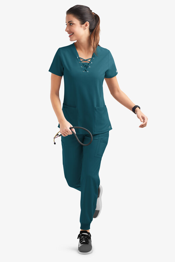 Easy STRETCH Gisele Women's 4-Pocket Lace Up V-Neck Scrub Top - Caribbean Blue - 6