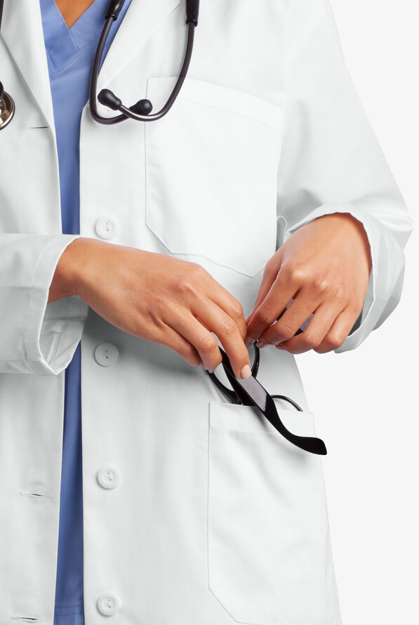 UA Woman's 3-Pocket Notched Collared Scrub Lab Coat - White - 4