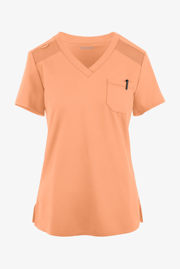 Med Couture Touch Women's 1-Pocket STRETCH Tuck In V-Neck Scrub Top - Apricot Sorbet - 1