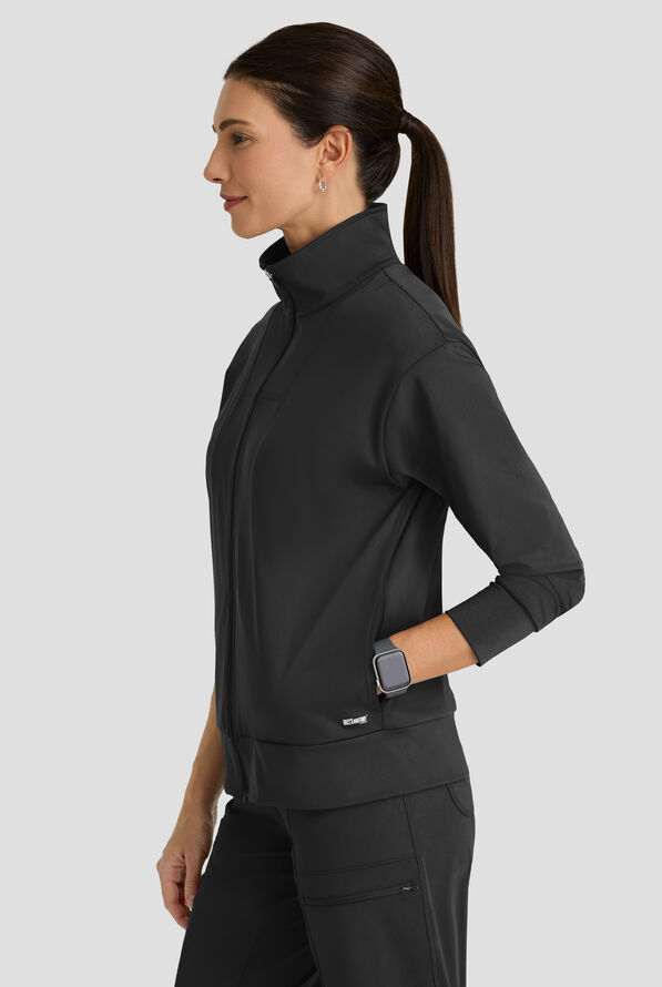 Grey's Anatomy by Barco Knit STRETCH Ease Warm Up Women's 4-Pocket Zip Front Scrub Jacket - Black - 4