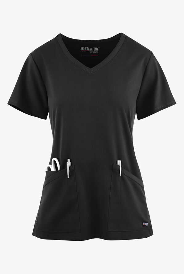 Grey's Anatomy by Barco Spandex STRETCH Serena Women's 3-Pocket V-Neck Scrub Top - Black - 1
