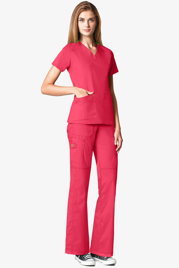 WonderWink WonderFLEX Verity Women's 4-Pocket STRETCH Cotton Rich V-Neck Scrub Top - Papaya/Green Apple - 2