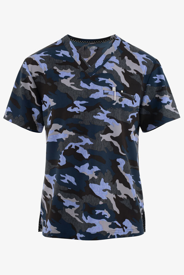 koi Next Gen Heathered Camo Men's 1-Pocket STRETCH V-Neck Print Scrub Top - null - 1