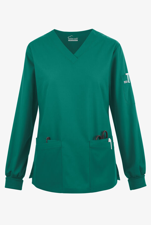 Blusa médica manga larga Butter-Soft Originals con cuello en V curvo y 7 bolsillos para mujer - Hunter - 1