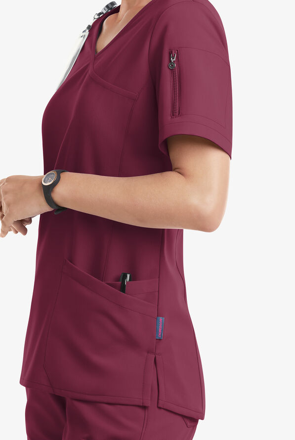Blusa médica MOVEMENT by Butter-Soft Capella estilo cruzado con 5 bolsillos para mujer - Wine - 5