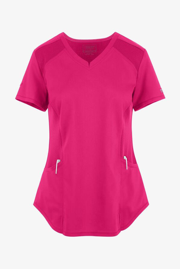 UA Exclusive Cherokee Workwear Revolution Women's 2-Pocket STRETCH Mesh Trim V-Neck Scrub Top - Wild Strawberry - 1