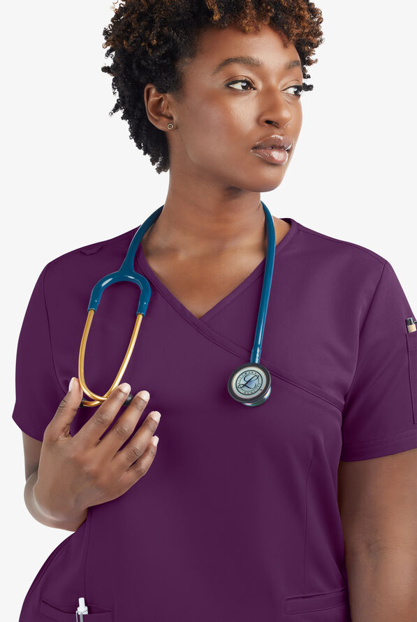 Butter-Soft Women's 5-Pockets Faux Wrap Scrub Top **Slightly IRREGULAR** - Eggplant - 6