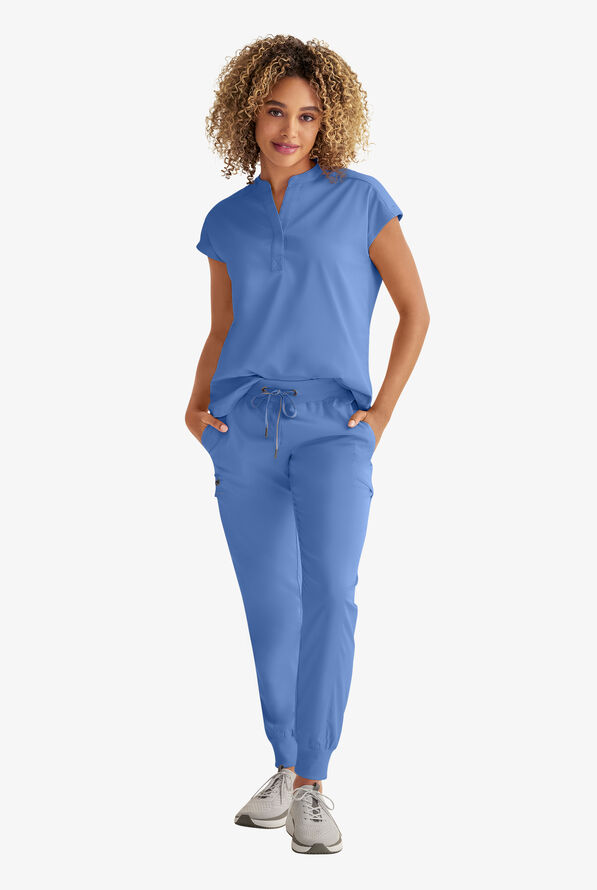 Healing Hands Purple Label Journey Women's 2-Pocket STRETCH Dolman Sleeve Mandarin Collar Scrub Top - Ceil Blue - 2