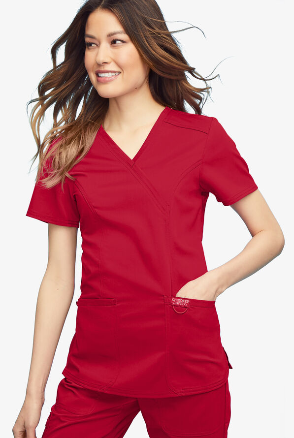Cherokee Workwear Revolution Women's 2-Pocket STRETCH Mock Wrap Scrub Top - Red - 2