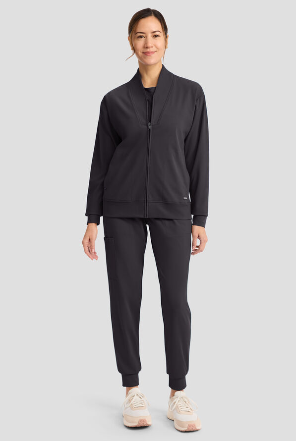 Cherokee Achieve Women's 2-Pocket STRETCH Zip Front Collar Knit Scrub Jacket - Pewter - 2