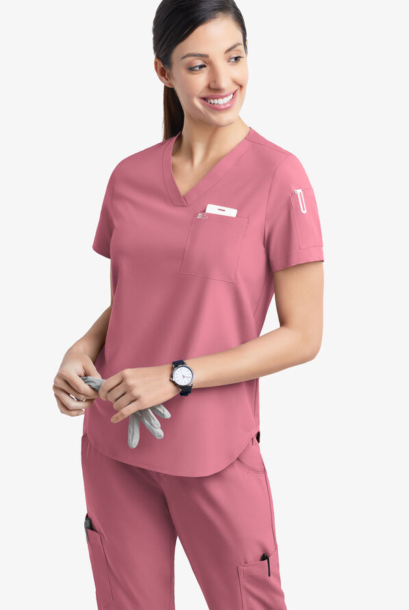 Easy STRETCH Chloe Women's 3-Pocket V-Neck Tuck-In Scrub Top - Tea Rose - 3
