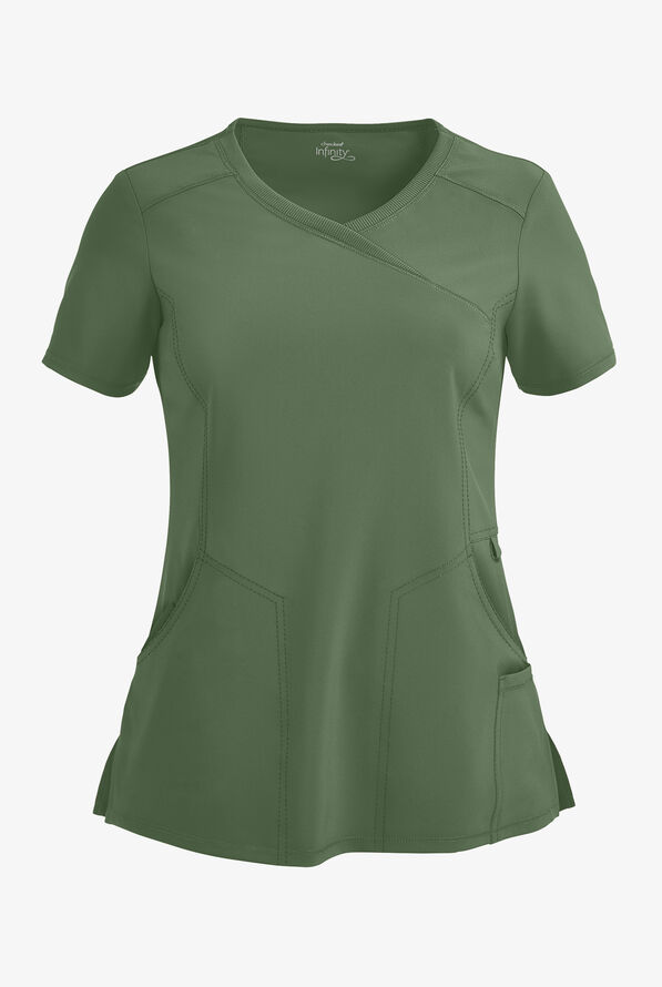 Infinity Women's 4-Pocket STRETCH Mock Wrap Scrub Top - Olive - 1