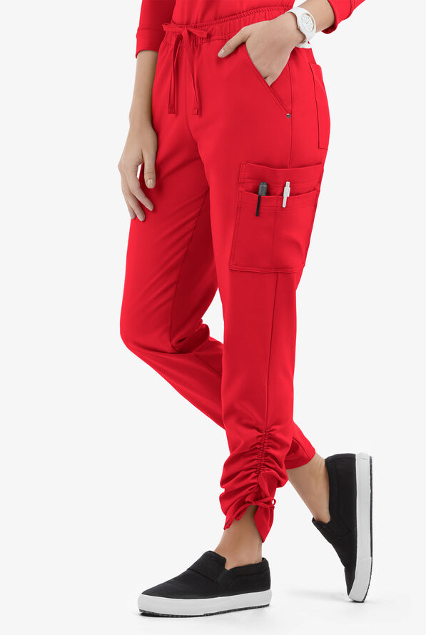 Easy STRETCH Halle Women's 11-Pocket Ruched Leg Jogger Scrub Pants - Petite - Atomic Red - 1