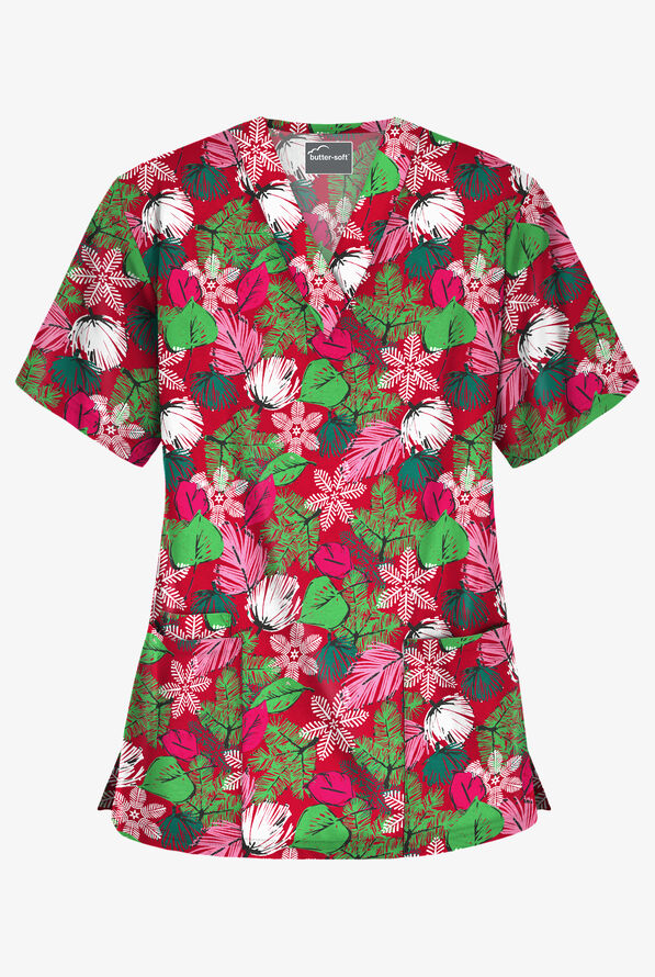 Butter-Soft Christmas Frost Red Women's 3-Pocket V-Neck Print Scrub Top - null - 1