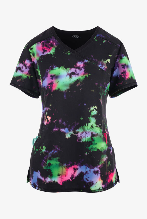 Cherokee Infinity Color-blur Texture Tie Dye Women's 3-Pocket STRETCH Mock Wrap Print Scrub Top - null - 1