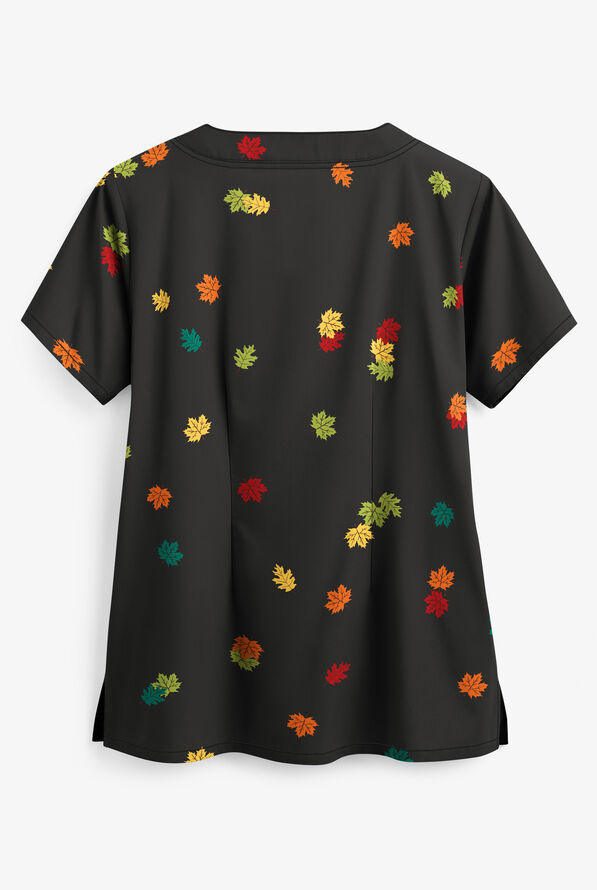 Butter-Soft Forest Turkeys Black Printed Women's 2-Pocket Scallop Neck Scrub Top - null - 2