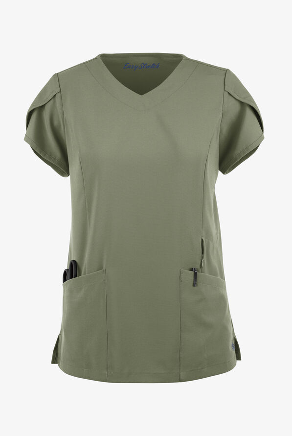 Blusa médica Easy STRETCH Daisy con cuello en V y 4 bolsillos para mujer - Olive Leaf - 1