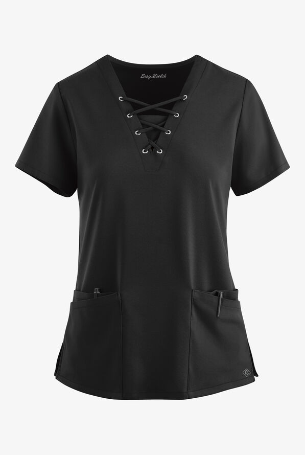 Easy STRETCH Gisele Women's 4-Pocket Lace Up V-Neck Scrub Top - Onyx Black - 1