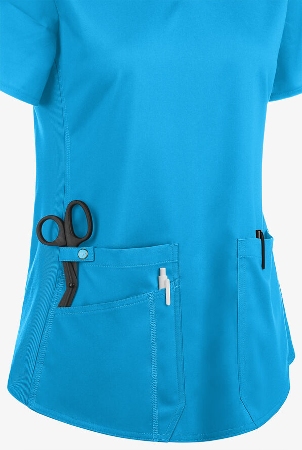 Med Couture Touch Women's 3-Pocket STRETCH Rib-Knit Side Panels Shirttail V-Neck Scrub Top - Mali-Blue Shore - 3