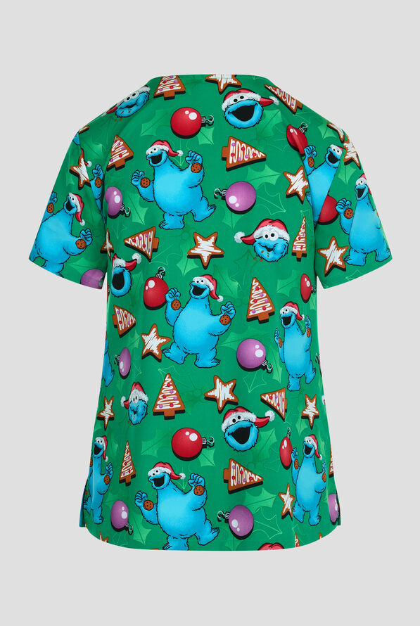 Blusa médica estampada Tooniforms Sesame Street Christmas Cookie STRETCH con cuello en V y 2 bolsillos para mujer - null - 2