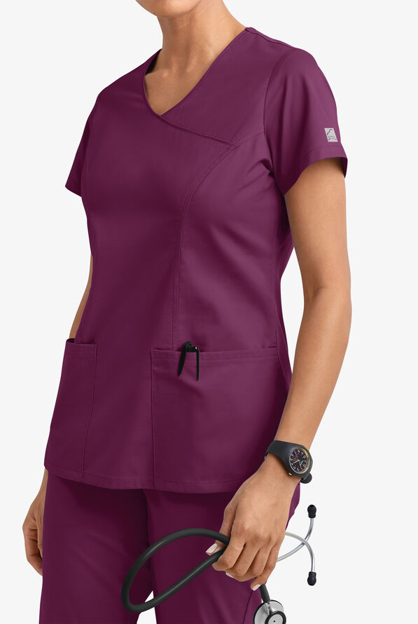 Butter-Soft STRETCH Women's 3-Pocket V-Neck Mock Wrap Scrub Top - Wine - 2