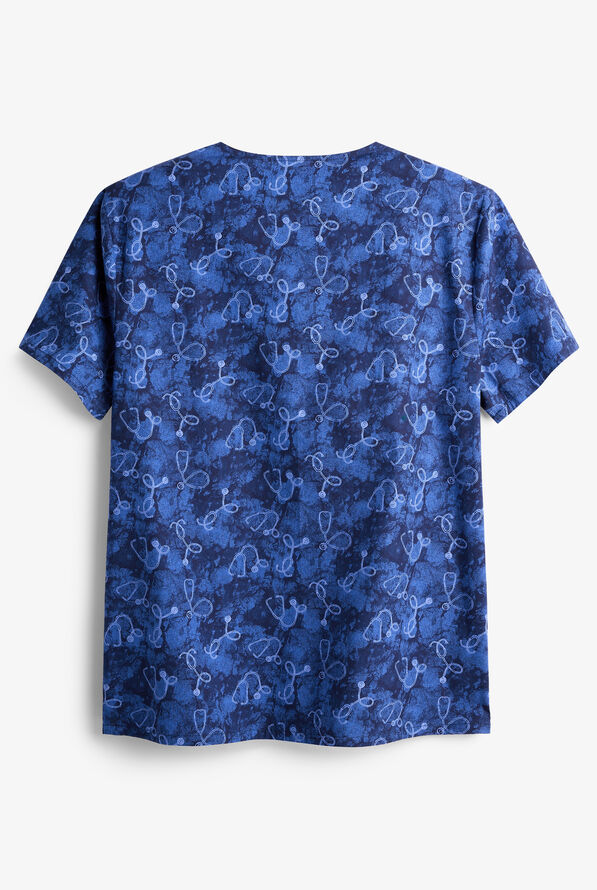 Cherokee Shibori Stethoscopes Unisex 3-Pocket STRETCH V-Neck Print Scrub Top - null - 2