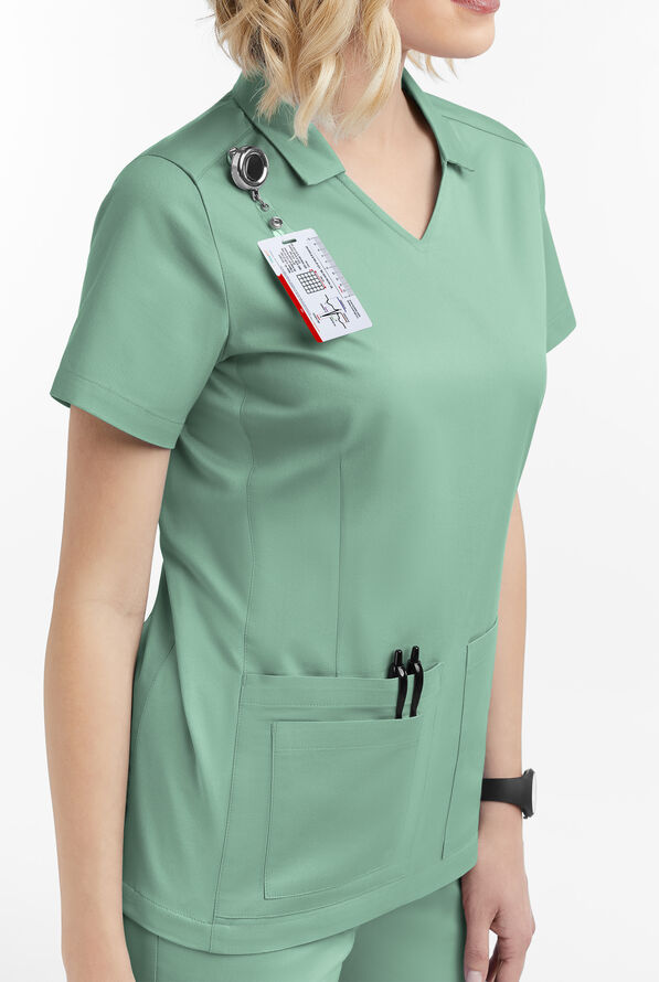 Butter-Soft STRETCH Women's 3-Pocket Short Sleeve Collar and Knit Panels Scrub Top - Water Mint - 3