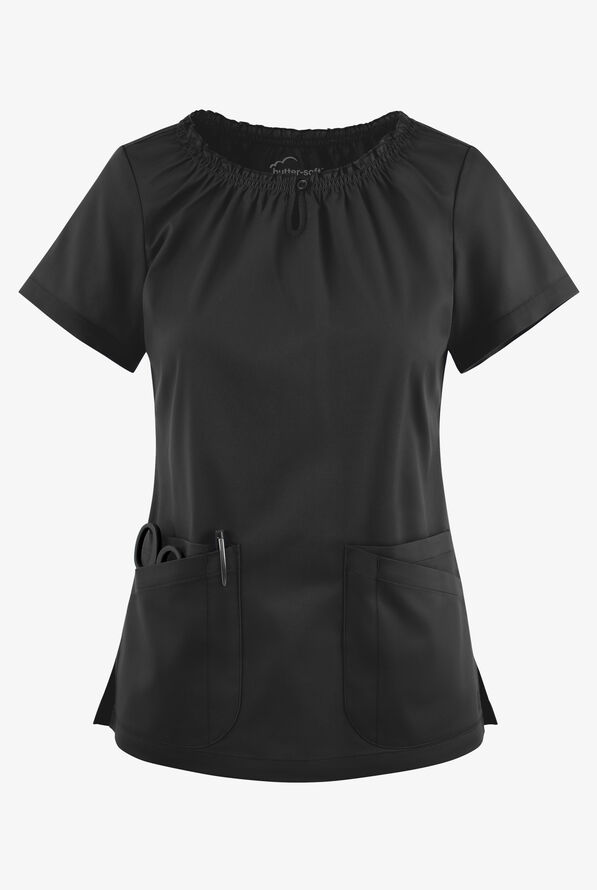 Blusa médica UA Butter-Soft STRETCH estilo campesina con mangas cortas y 6 bolsillos para mujer - Black - 1