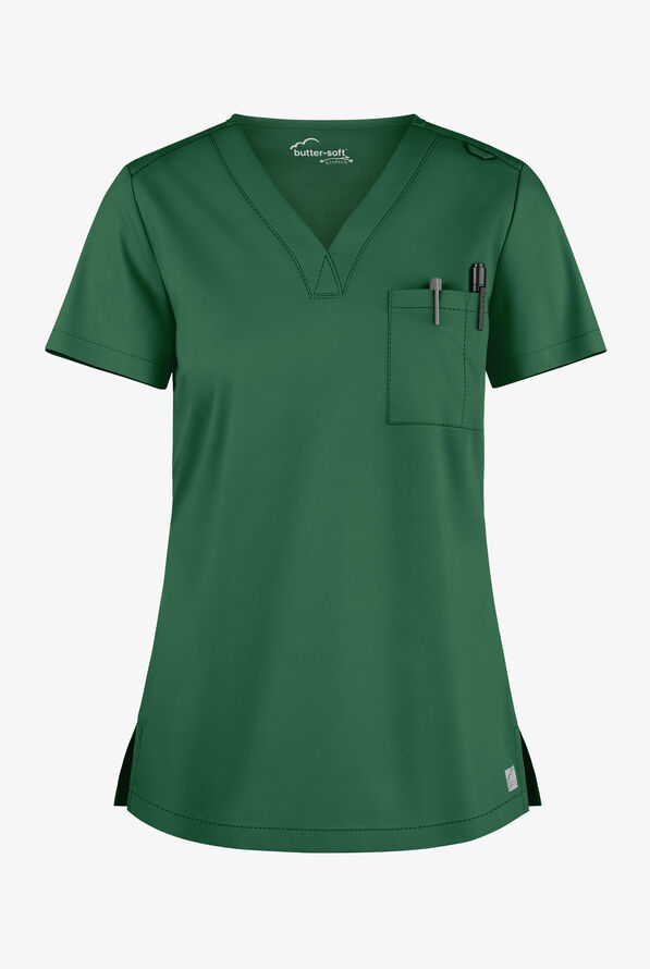 Blusa m&eacute;dica Butter-Soft STRETCH con cuello en V y 2 bolsillos para mujer - Hunter - 1