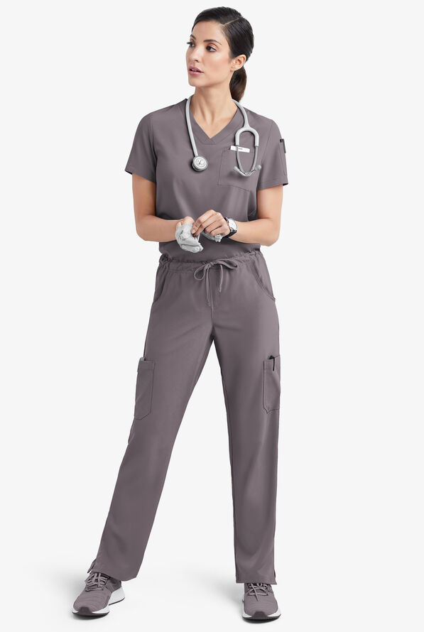 Easy STRETCH Chloe Women's 3-Pocket V-Neck Tuck-In Scrub Top - Grey Stone - 2