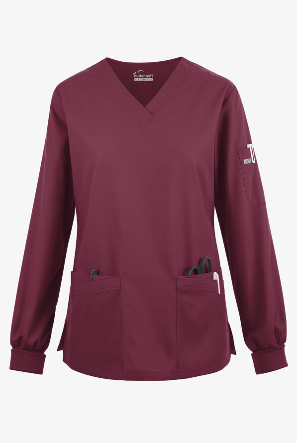 Blusa médica manga larga Butter-Soft Originals con cuello en V curvo y 7 bolsillos para mujer - Wine - 1