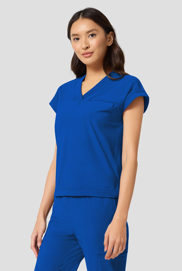 Blusa m&eacute;dica Infinity Pursuit STRETCH con cuello en V de punto acanalado y 1 bolsillo para mujer - Royal - 2