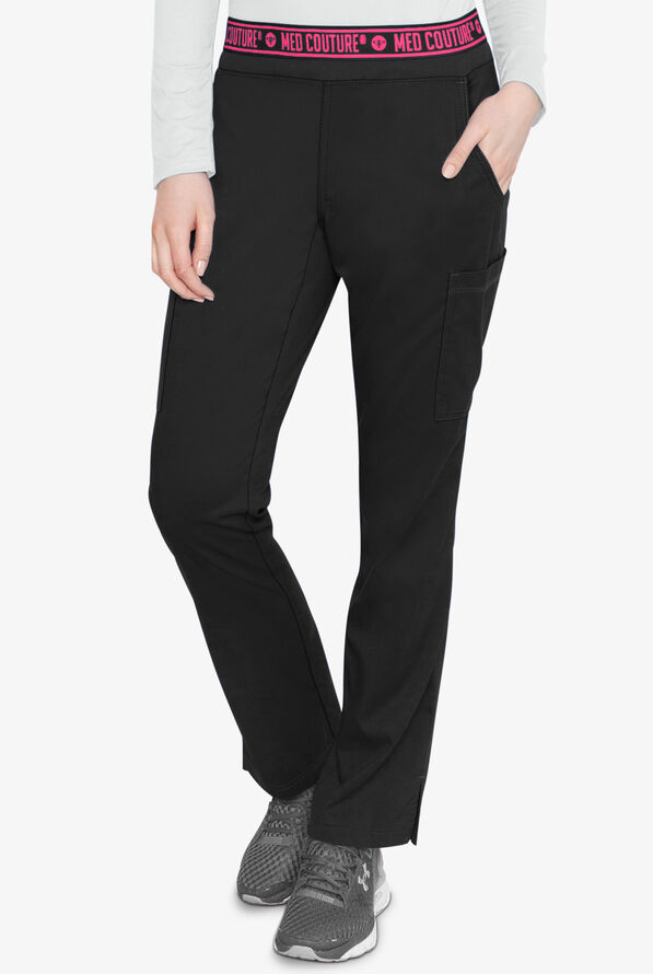 Med Couture Touch Women's 7-Pocket STRETCH Logo Elastic Double Cargo Yoga Scrub Pants - Black - 1