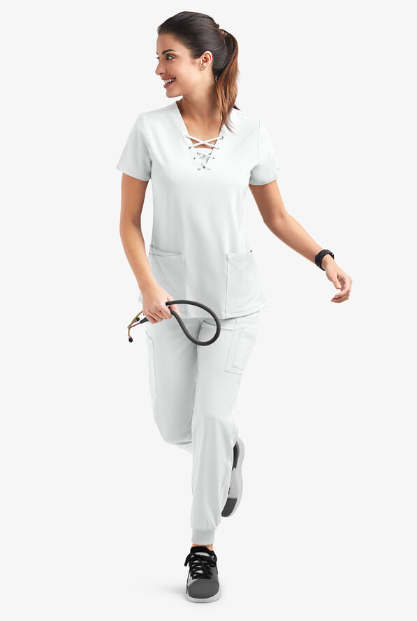 Easy STRETCH Gisele Women's 4-Pocket Lace Up V-Neck Scrub Top - White - 6