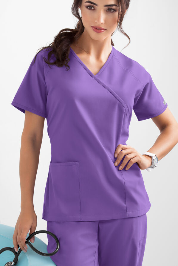 Butter-Soft Core Women's 2-Pocket Solid Mock Wrap Scrub Top - Purple Glow - 3
