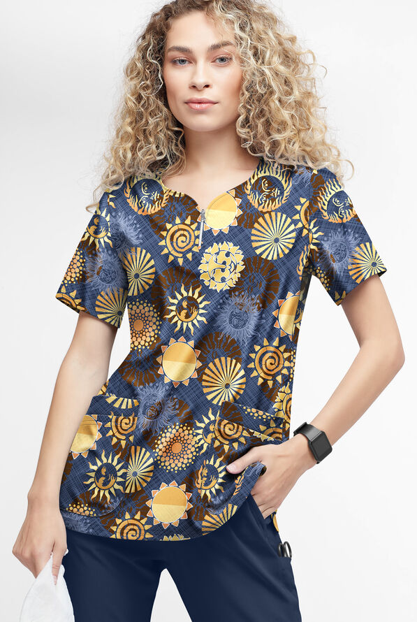 Easy STRETCH Celestial Skies Navy Women's 4-Pocket Curved Neck Print ...